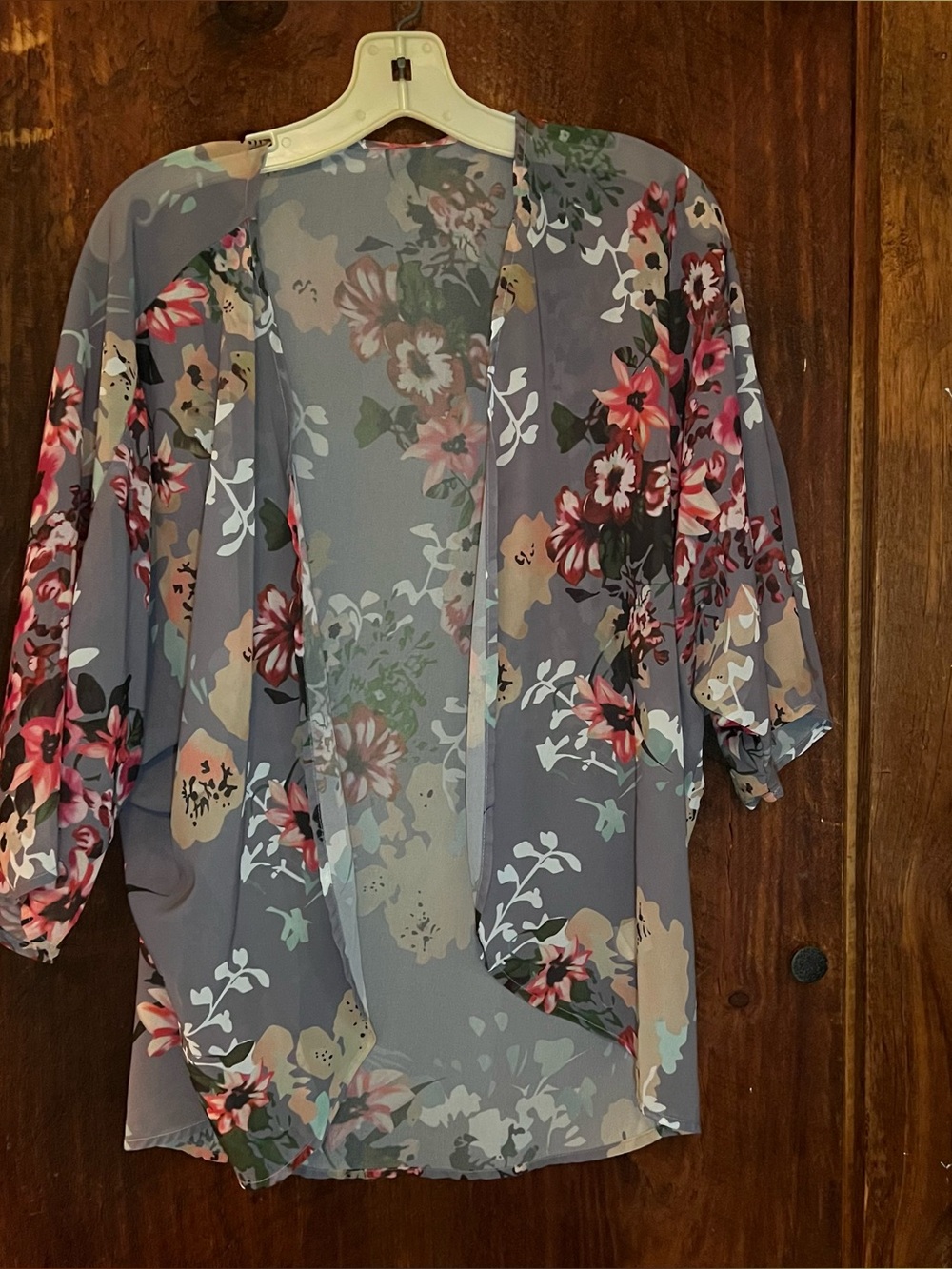 Floral Sheer Open-Front Kimono Cardigan - Gray/Pink